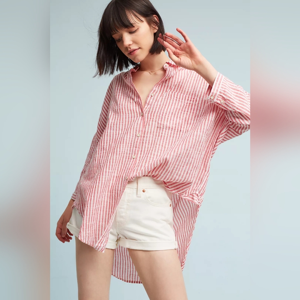 Chic! Holding Horses Linen Blend Red Stripe Oversized Shirt M/L